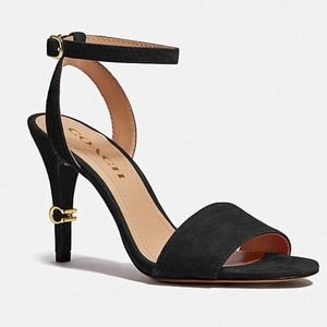 Coach Regina Sue Heel Strappy Sandals Suede Leather Black Gold